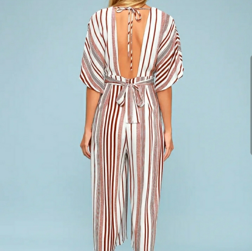 Lulus Hook Line Sinker Rust Red Striped Jumpsuit - image 3